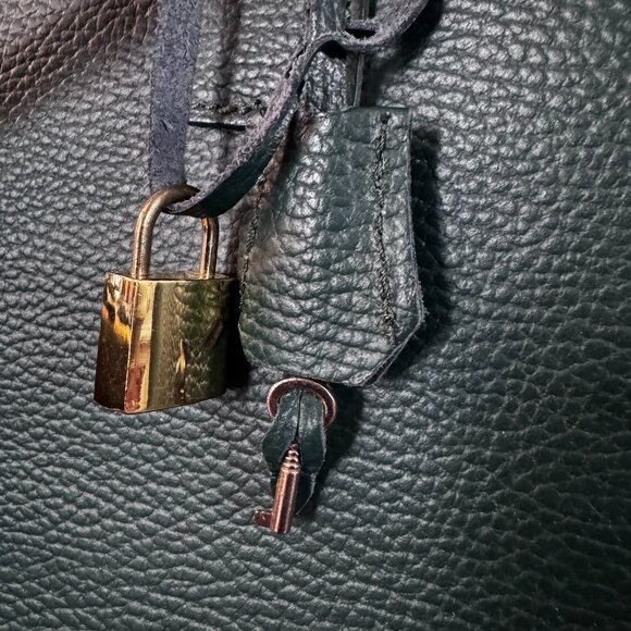 Italian Green Leather Satchel – Structured Top Handle Bag w/ Gold Tone Hardware - Picture 5 of 9